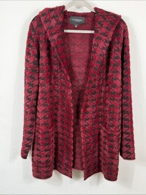 Liverpool NWT Burgundy and Black Houndstooth Open Cardigan. Womens Size L. Soft!
